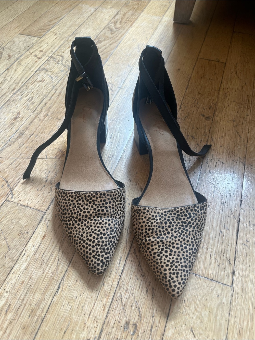 Crown Vintage Leopard-Print Pointed Toe Ankle Tie Heels in Black and Tan